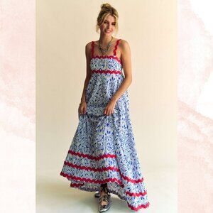 SUMMER WOMEN DRESS WAVY TRIM TIERED SQUARE NECK DRESS WAVY STRAP DETAIL FASHION